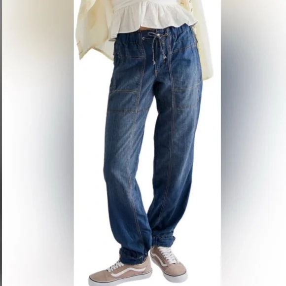 FREE PEOPLE MEDUIM ANGELO TIE WAIST JEANS LOW RISE SLOUCHY CARGO PULL-ON DENIM - Picture 2 of 8
